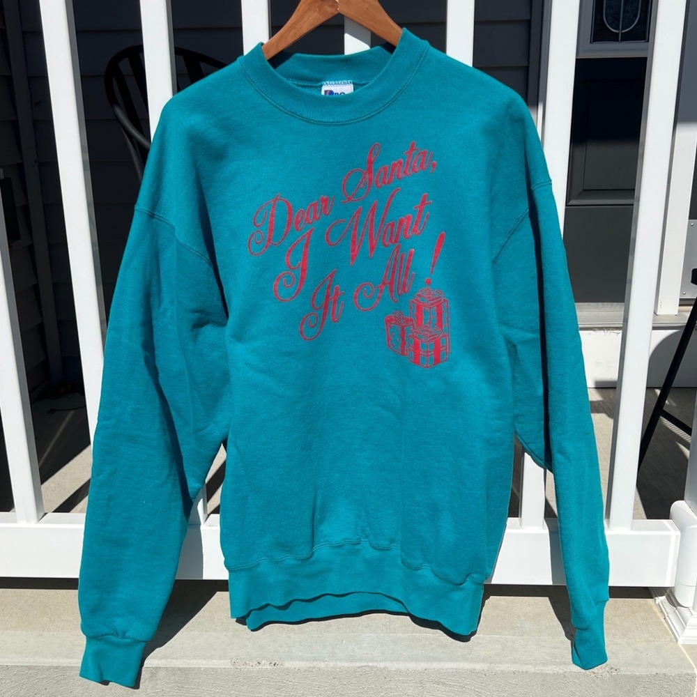 Vintage Pro Player Dear Santa I Want It All Sweatshirt XL Teal Green Christmas